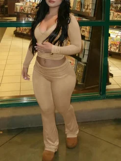 Two Piece Long Sleeve Crop Top Flare Pants Sets