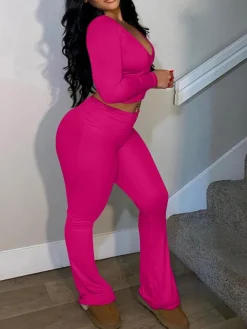 Two Piece Long Sleeve Crop Top Flare Pants Sets