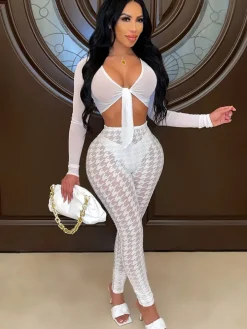 Two Piece Long Sleeve Mesh Crop Top Bodycon Long Pants