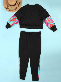 Two Piece Long Sleeve Print Patchwork Pullover Pants