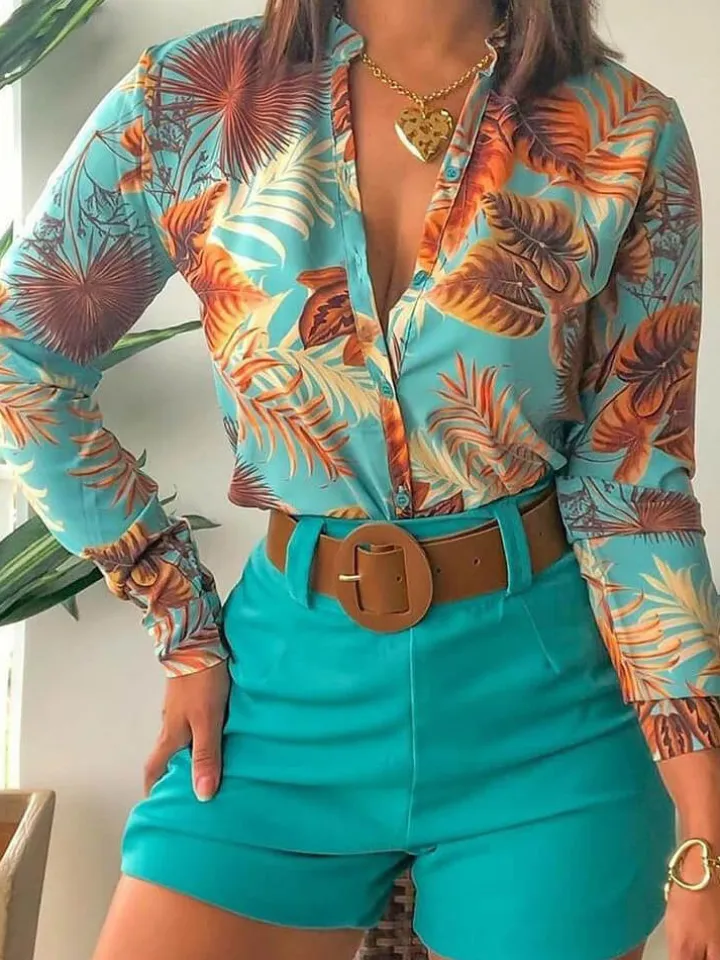 Two Piece Long Sleeve Shirt High Waist Shorts