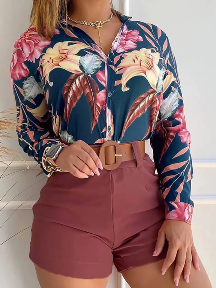 Two Piece Long Sleeve Shirt High Waist Shorts