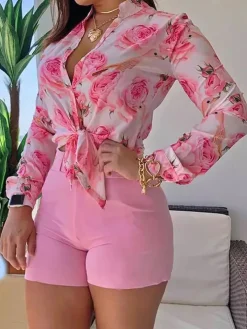 Two Piece Long Sleeve Shirt High Waist Shorts