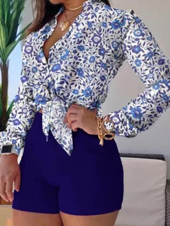 Two Piece Long Sleeve Shirt High Waist Shorts