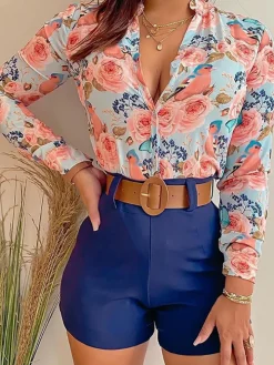 Two Piece Long Sleeve Shirt High Waist Shorts