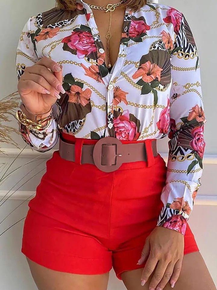 Two Piece Long Sleeve Shirt High Waist Shorts