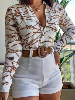 Two Piece Long Sleeve Shirt High Waist Shorts