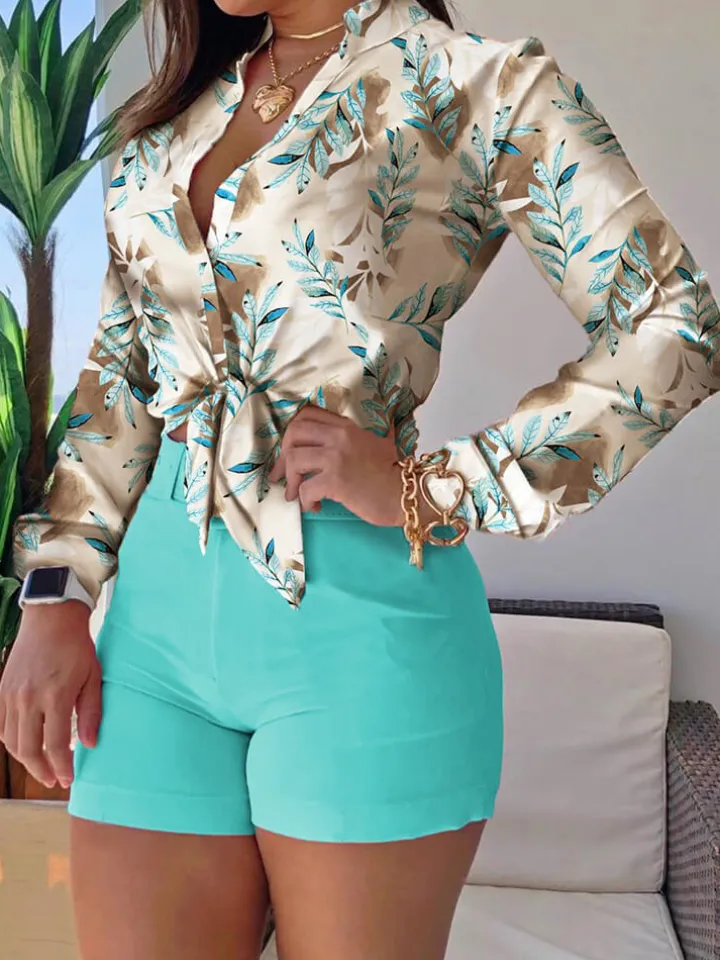 Two Piece Long Sleeve Shirt High Waist Shorts