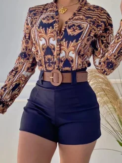 Two Piece Long Sleeve Shirt High Waist Shorts