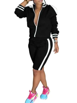 Two Piece Long Sleeve Stripe Jacket shorts Set