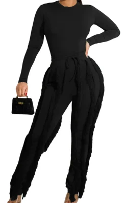 Two Piece Long Sleeve Top Tassel Pants