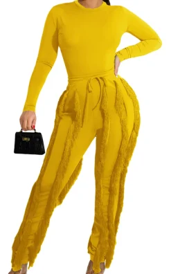 Two Piece Long Sleeve Top Tassel Pants