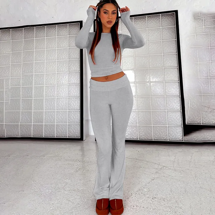 Two Piece Long Sleeve Tops Flare Leggings