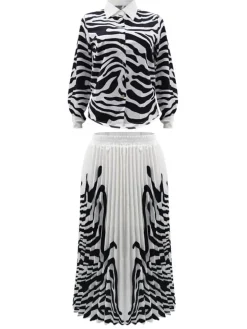 Two Piece Long Sleeve Zebra Print Skirt Suit