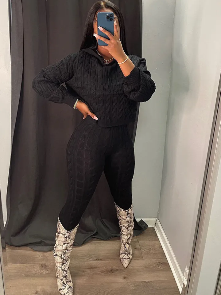 Two Piece Long Sleeves Sweater Pant Suit