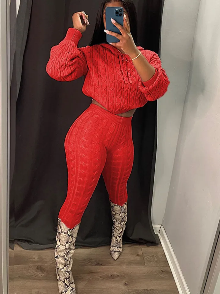 Two Piece Long Sleeves Sweater Pant Suit