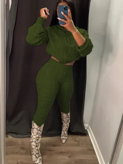 Two Piece Long Sleeves Sweater Pant Suit