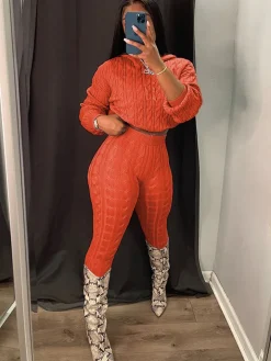 Two Piece Long Sleeves Sweater Pant Suit