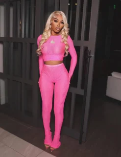 Two Piece Mesh Long Sleeve Crop Top Pants