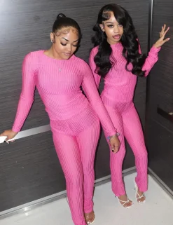 Two Piece Mesh Long Sleeve Crop Top Pants