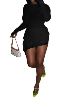 Two Piece Mesh Long Sleeve Top Ruffle Skirts