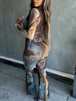 Two Piece Mesh Print Shirt Pants Set