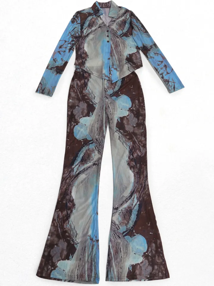 Two Piece Mesh Print Shirt Pants Set