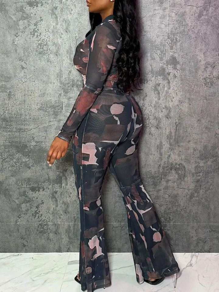 Two Piece Mesh Print Shirt Pants Set