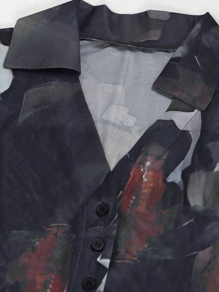 Two Piece Mesh Print Shirt Pants Set