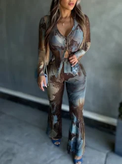 Two Piece Mesh Print Shirt Pants Set