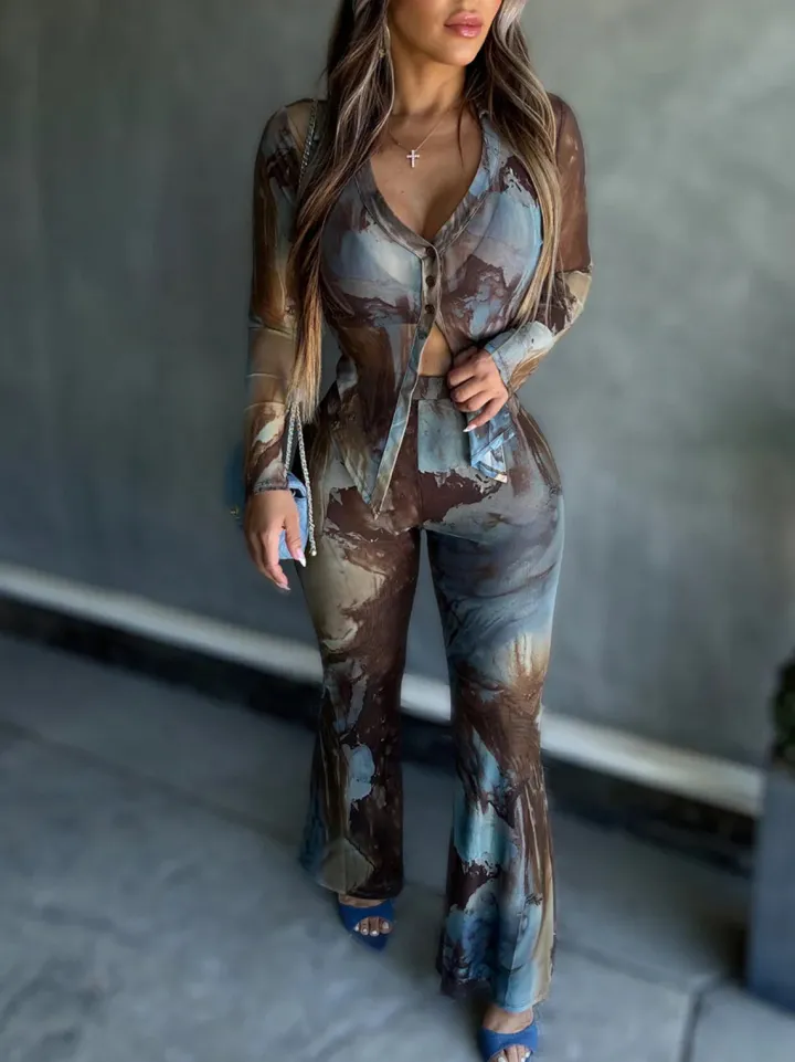 Two Piece Mesh Print Shirt Pants Set