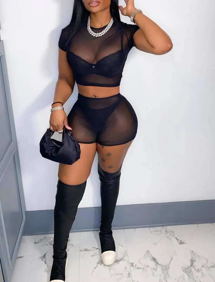 Two Piece Mesh Short Sleeve Top Shorts