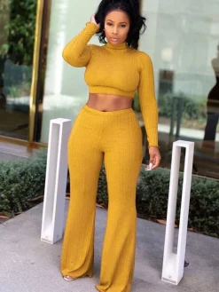 Two Piece Mock Neck Top Long Pants Outfits