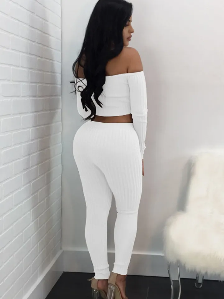Two Piece Off Shoulder Crop Top Skinny Pants Set