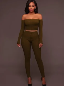 Two Piece Off Shoulder Crop Top Skinny Pants Set