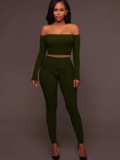 Two Piece Off Shoulder Crop Top Skinny Pants Set