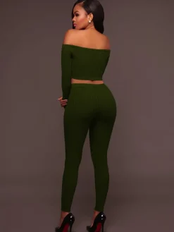 Two Piece Off Shoulder Crop Top Skinny Pants Set