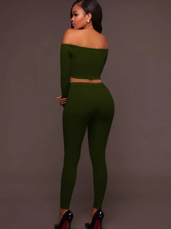 Two Piece Off Shoulder Crop Top Skinny Pants Set