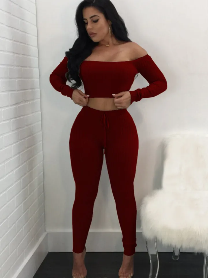 Two Piece Off Shoulder Crop Top Skinny Pants Set