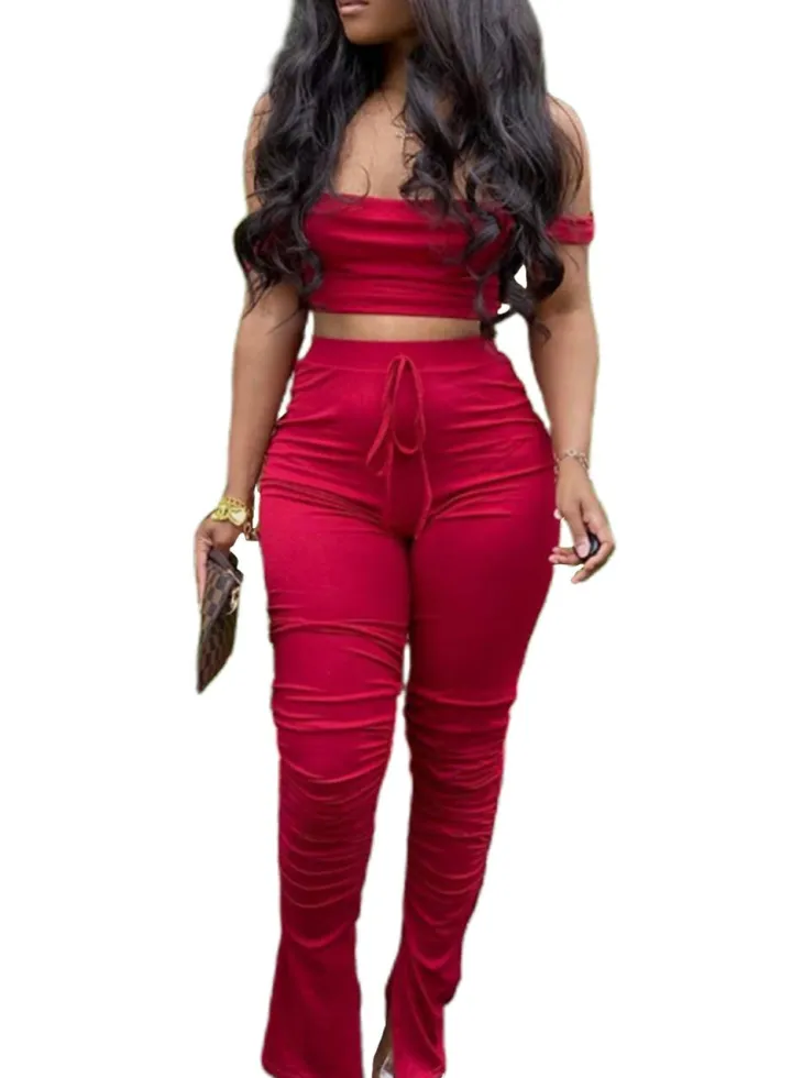 Two Piece Off Shoulder Crop Top Ruched Long Pants
