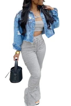 Two Piece Off Shoulder Crop Top Ruched Long Pants