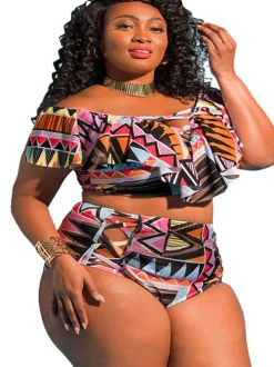 Two Piece Off Shoulder Print Swimsuit