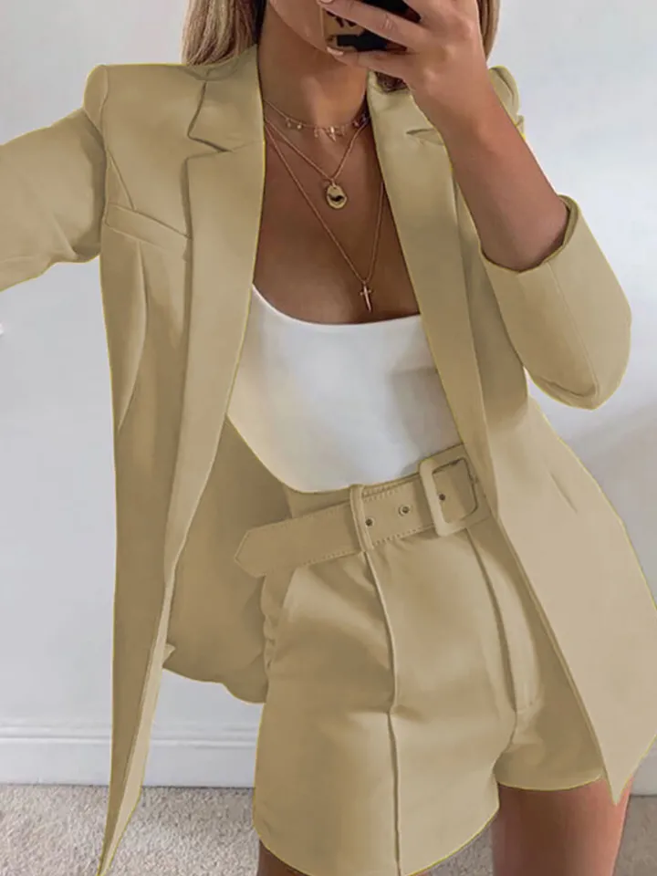Two Piece Office Long Sleeve Solid Pant Suit