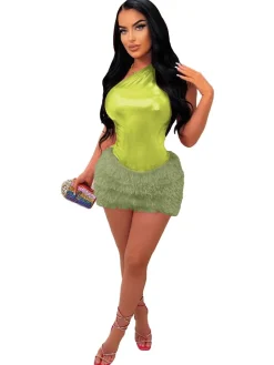 Two Piece One Shoulder Feather Skirt Suit