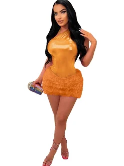 Two Piece One Shoulder Feather Skirt Suit