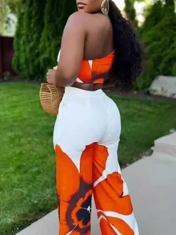 Two Piece One-Shoulder Floral Print Pants Set