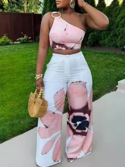 Two Piece One-Shoulder Floral Print Pants Set