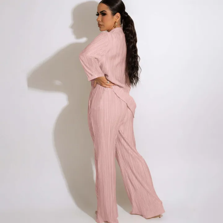 Two Piece Pleated Shirt Wide Leg Pants