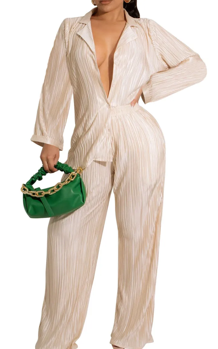 Two Piece Pleated Shirt Wide Leg Pants