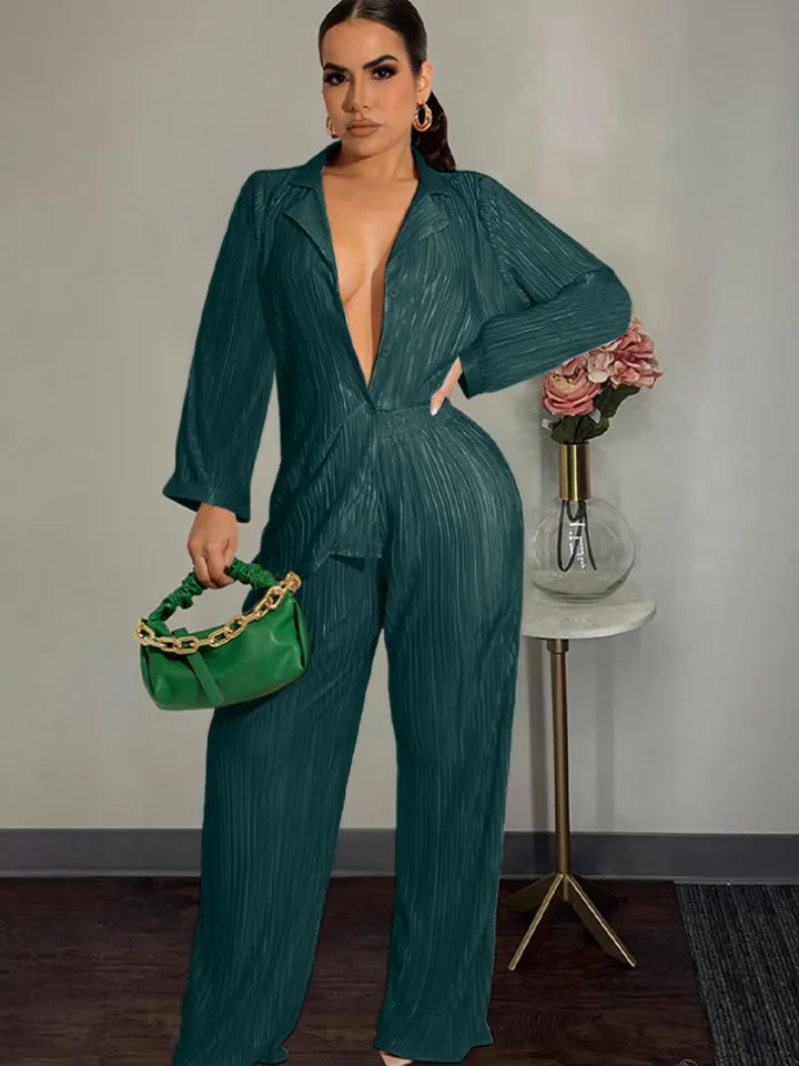 Two Piece Pleated Shirt Wide Leg Pants